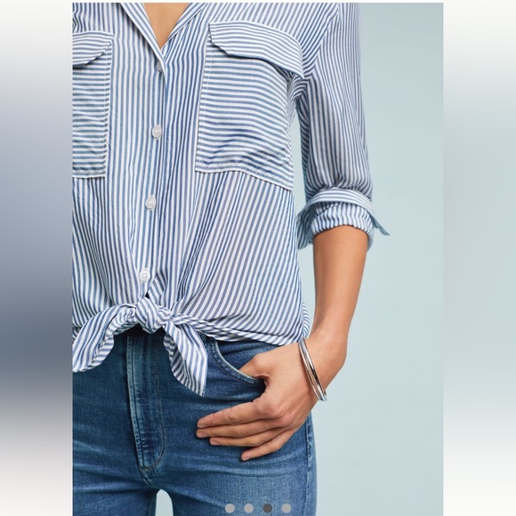 Anthropologie Maeve Blue Sadie Striped Button-Up Top Small Petite - Picture 8 of 10